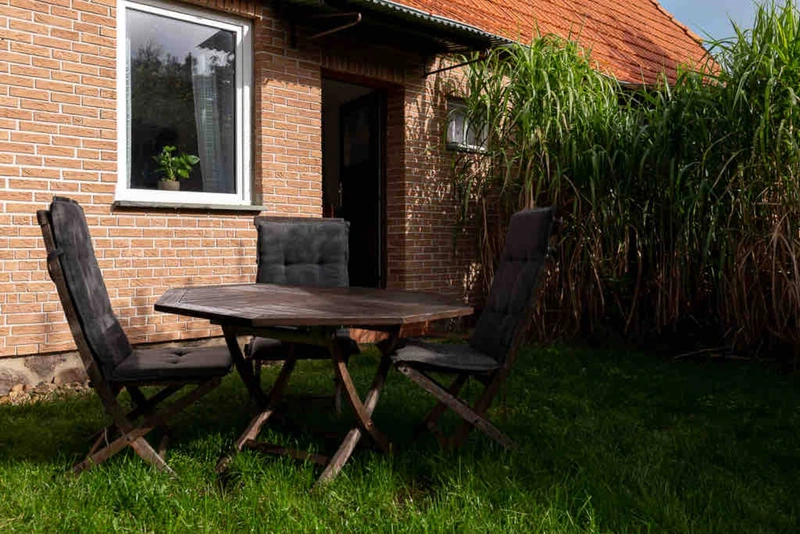 Gartentisch und gepolsterte Stühle im Grünen vor der Ferienwohnung