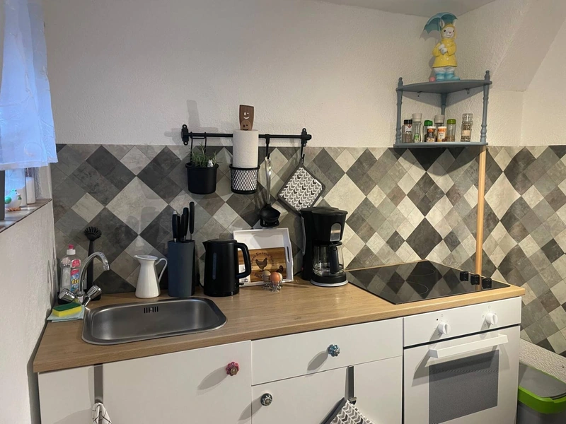 Küchenzeile mit Spüle, Backofen, Herd und Kaffeemaschine
