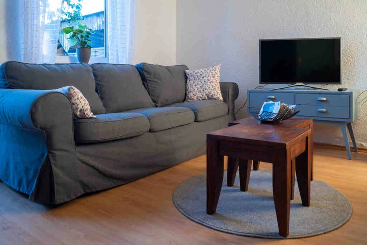 Wohnzimmer mit grauem Sofa, Holztisch und Fernseher